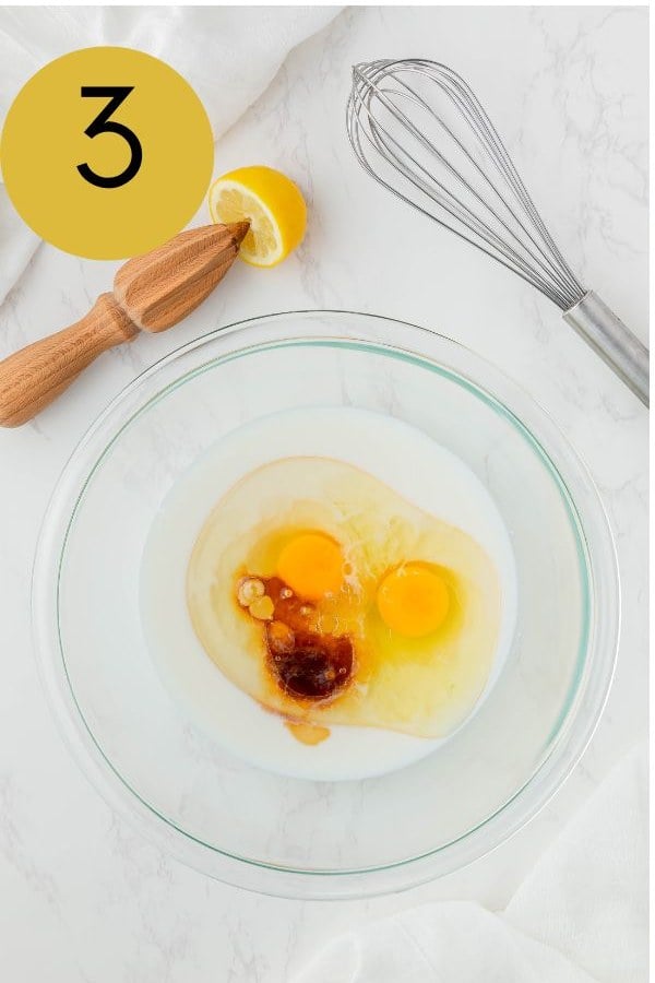 Buttermilk, eggs, vanilla, oil and a squeeze of lemon in a second mixing bowl.