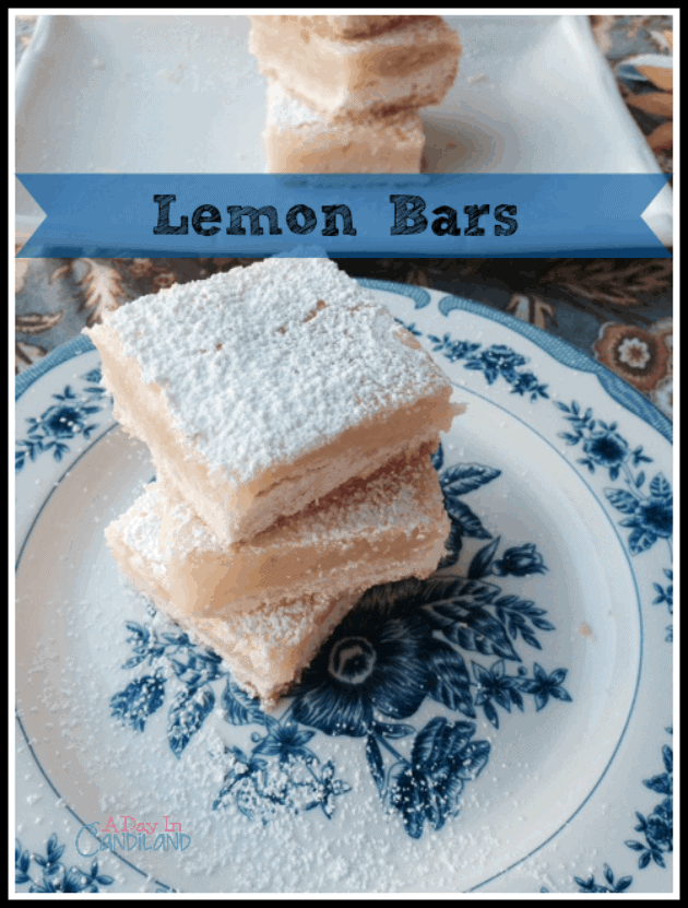 Lemon Bars on White Plate and Blue and White Plate with Powdered Sugar