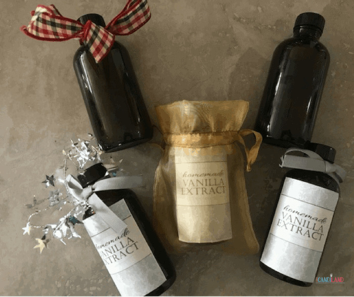 DIY Homemade Vanilla Extract decorated for the holidays