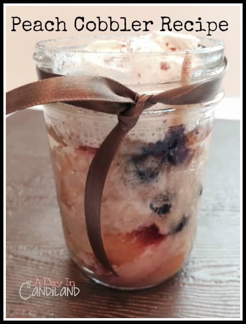 Peach and Blueberry cobbler in a jar with ribbon for gift giving