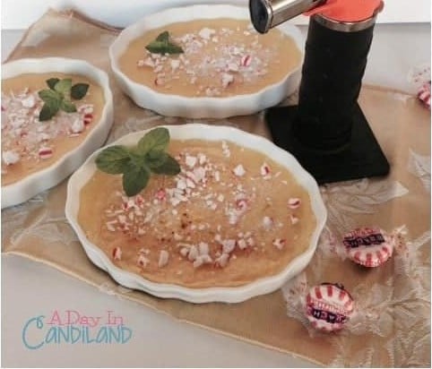 Three white chocolate peppermint creme brulees topped with crushed peppermint and mint, beside a kitchen torch.