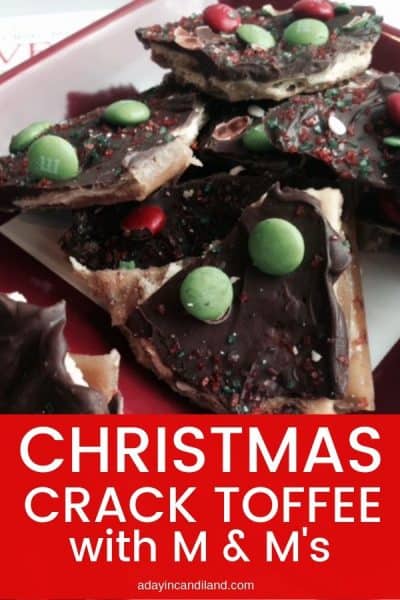 Christmas Toffee Crack Saltines with M & Ms on plate