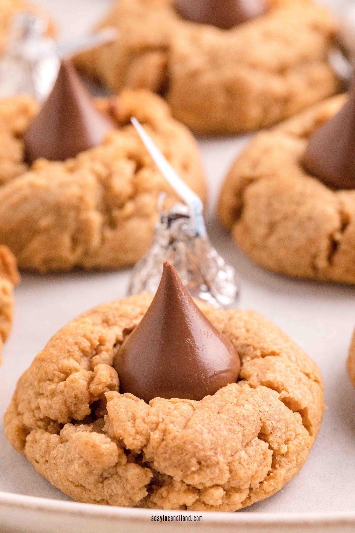 Peanut Butter Kiss cookies on tray. 