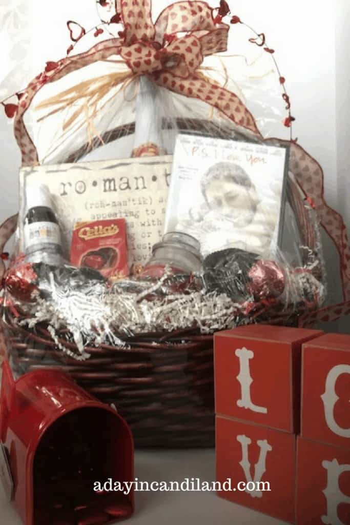 Create a Romantic Date Night Gift Basket with Love Blocks and Red Mailbox #giftbasket #valentinesday