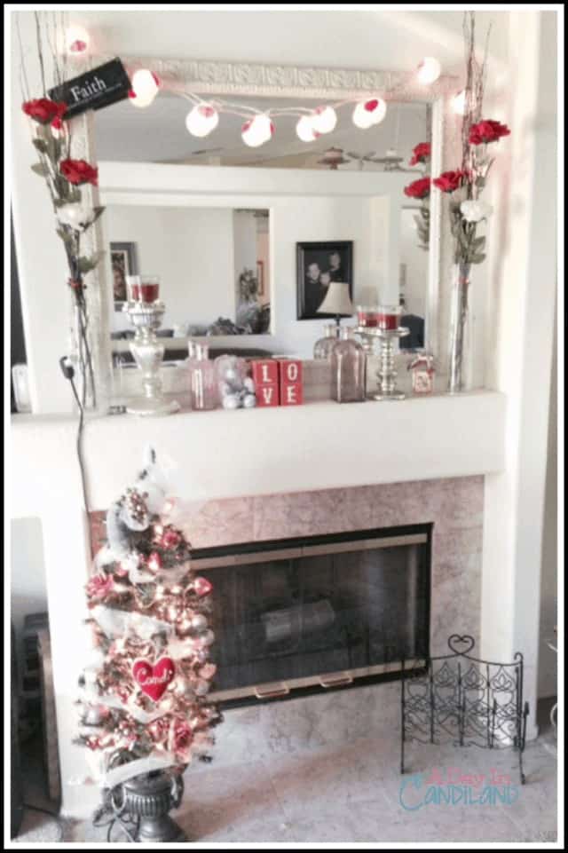 Red Pink White Valentines Mantel full view