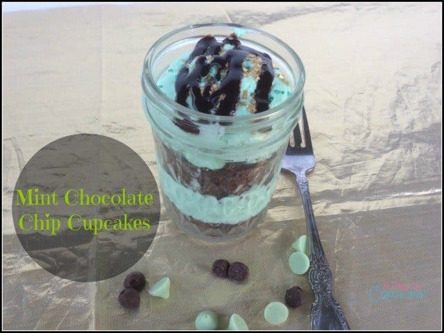 Mint chocolate chip cupcakes in a jar single
