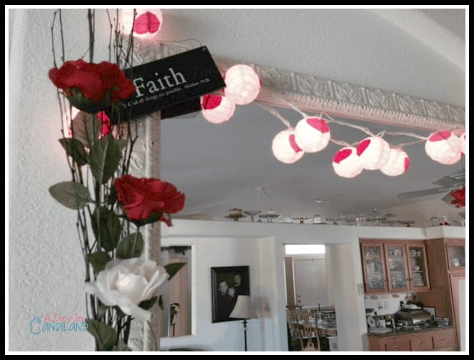 Roses and Lights on a Red Pink White Valentines mantel