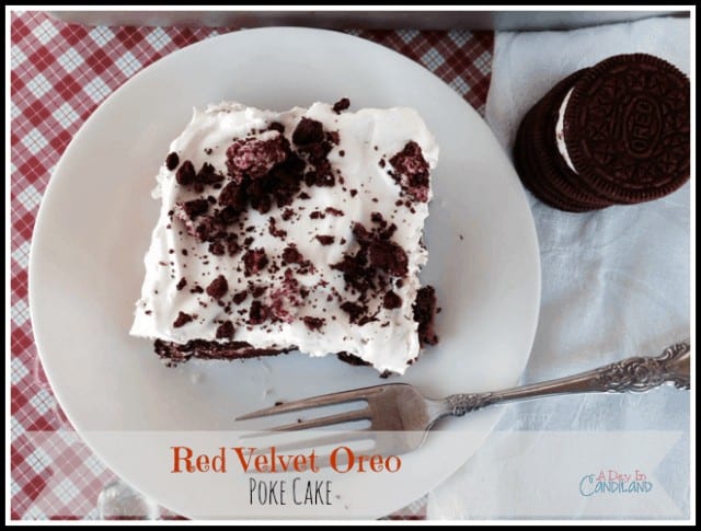 Slice of Red Velvet Oreo Poke Cake with Oreos