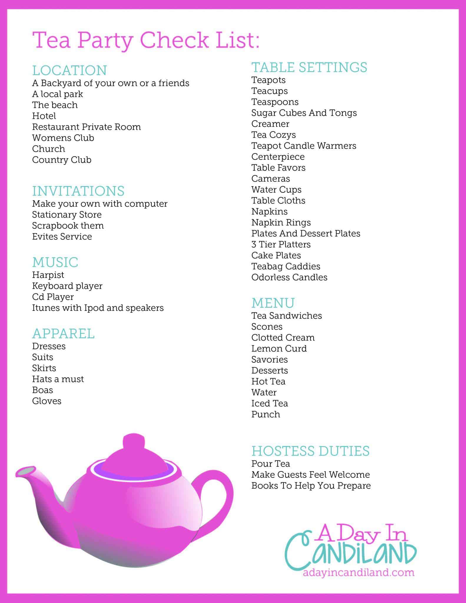 The printable tea party checklist with sections for location, invitations, music, apparel, table settings, menu and hostess duties.