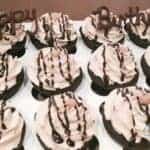 Chocolate cupcake recipe with peanut butter frosting with a chocolate happy birthday note on top