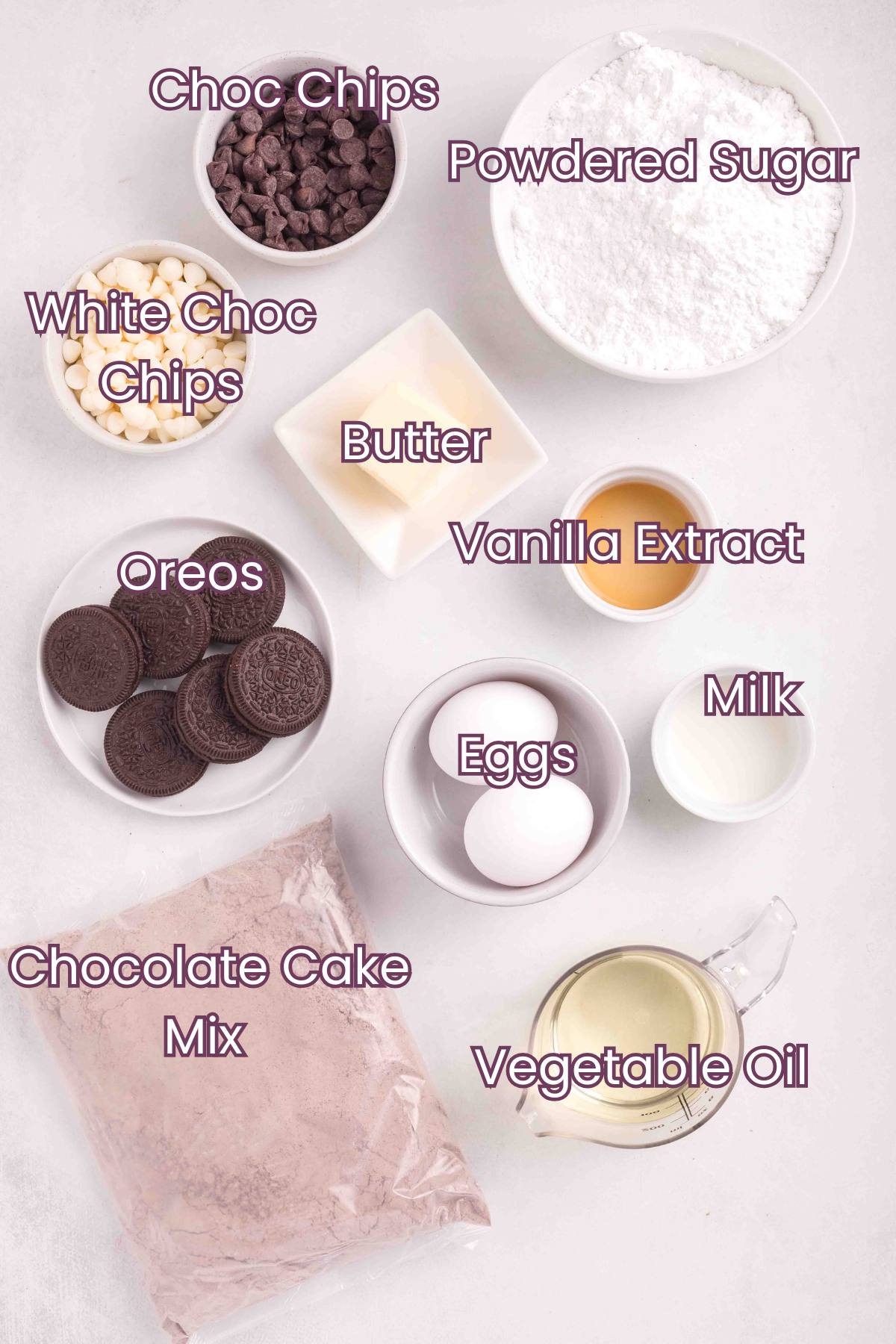 Ingredients for Cookies and Cream Brownies. 