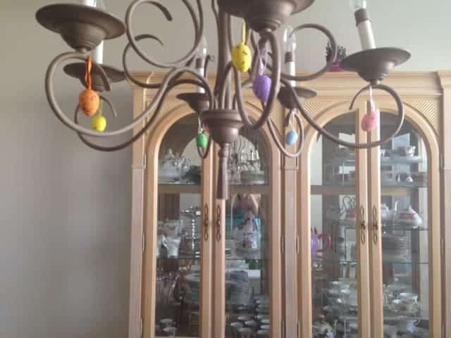 Easter Eggs hanging from Chandelier