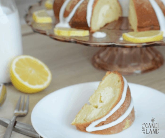 Slice of lemon cream cheese bundt cake