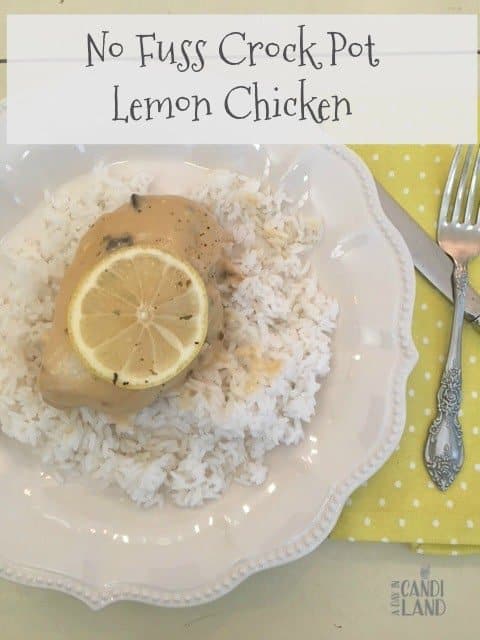 5 Ingredients Crock Pot Lemon Chicken on white plate with rice, chicken and lemon slices