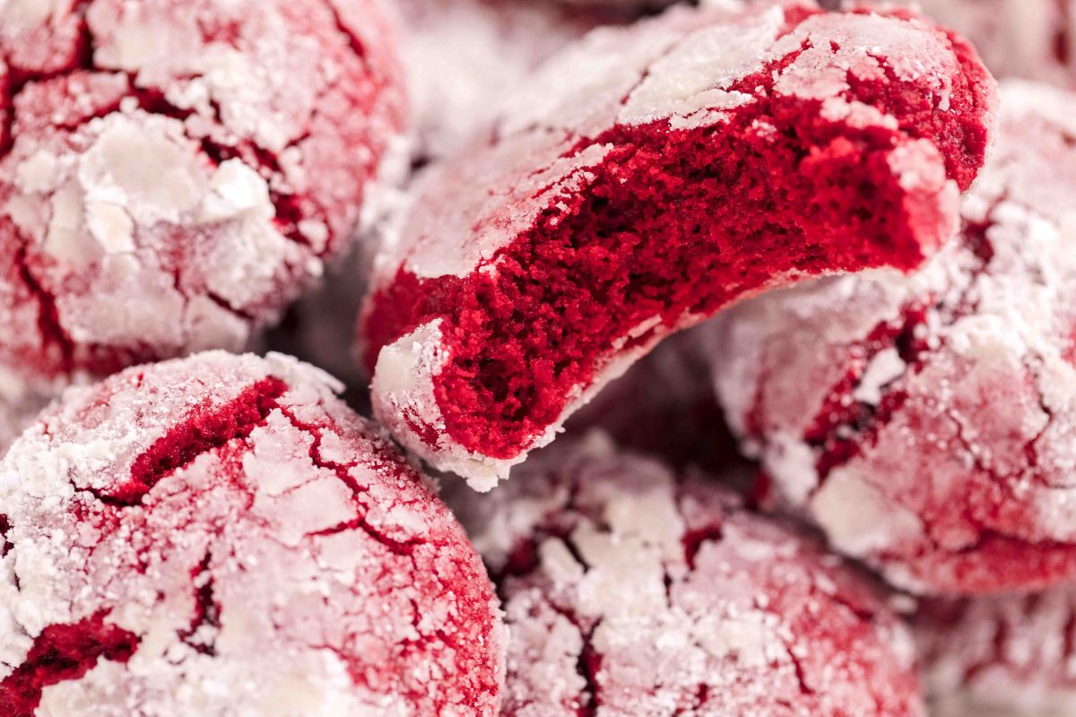 Plate of Red Velvet Crinkle Christmas Cookies, for a holiday Cookie Exchange.