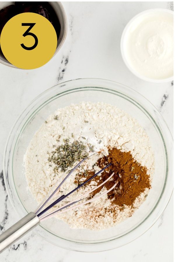 Flour, baking soda, cinnamon, ground lavender and salt whisked in a separate bowl.