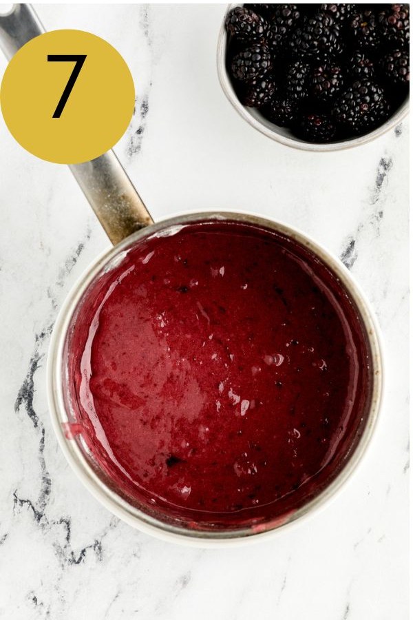 The seedless blackberry preserves warming in a saucepan for the glaze.