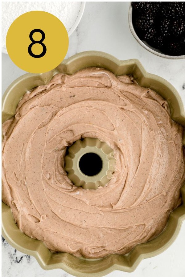 The smoothed batter in the fluted pan, ready for the oven.