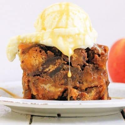 Bread pudding with ice cream on top