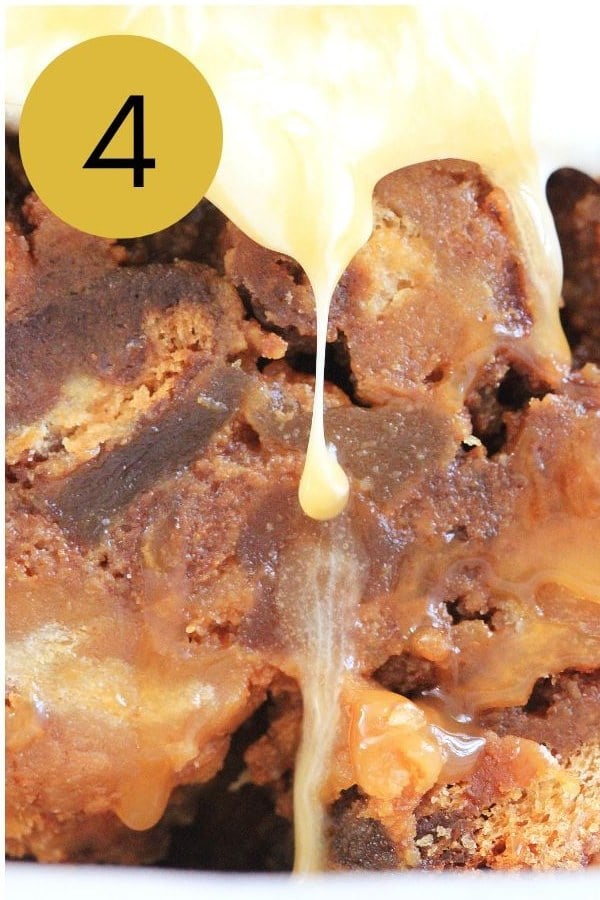 Finished crockpot bread pudding with caramel sauce dripping down a warm slice.