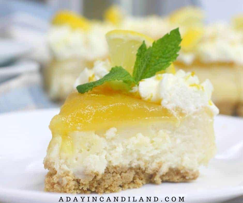 Slice of Lemon Curd Cheesecake with sprig of mint.