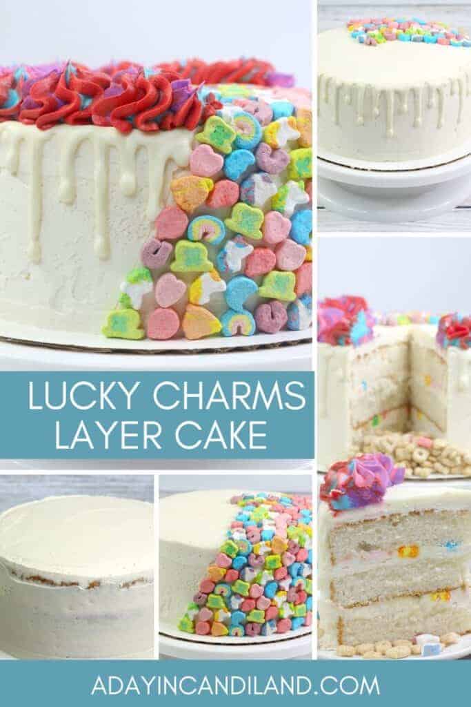 5 images of lucky charms cake. Some full cakes and some slices.