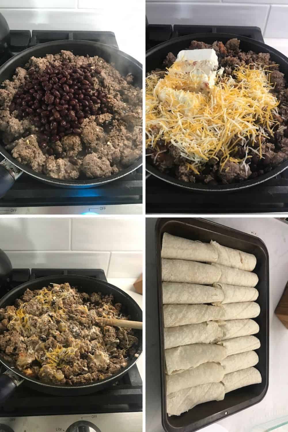 Step by step images of beef enchilada assembly