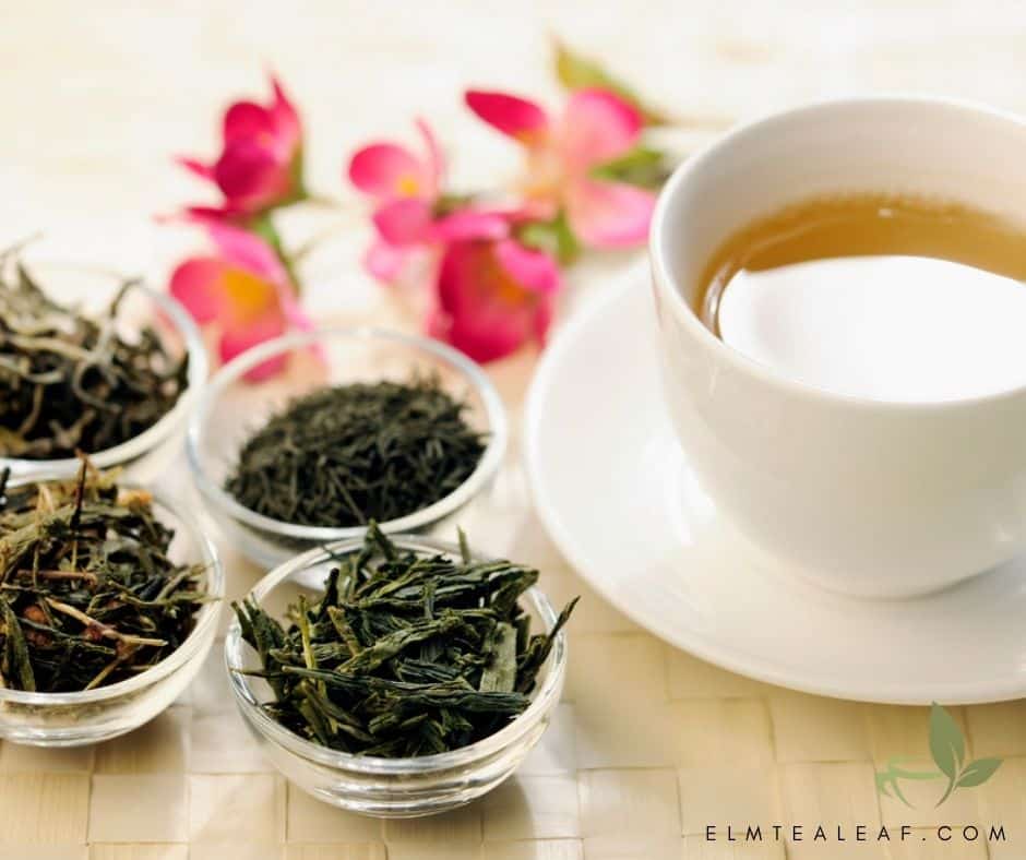 Cup of Green Tea with 4 bowls of loose green tea leaves. 
