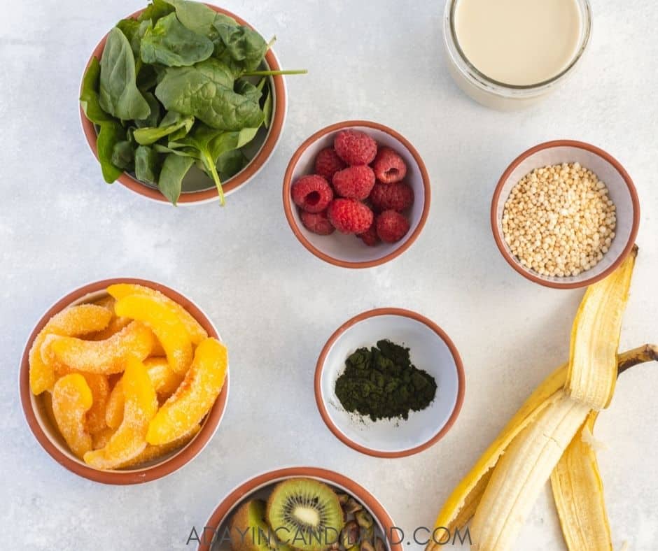 Ingredients on table that go into the smoothie bowl 