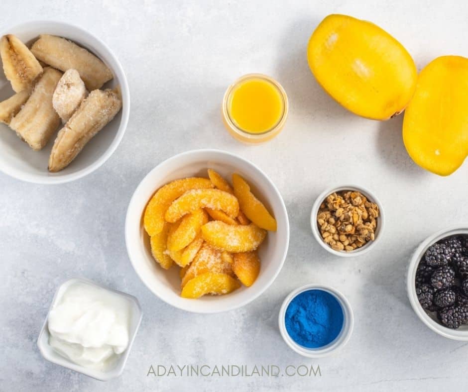 Table of individual ingredients to go into the smoothie Bowl. 