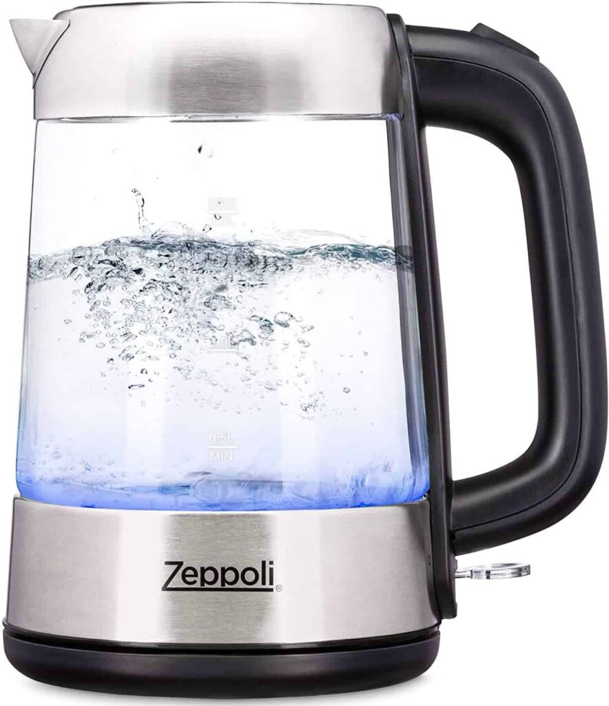  Zeppoli Electric Kettle - Stainless Steel Glass Tea Kettle with  Speed Boil & Auto Shutoff - Hot Water Boiler/Heater (1.7L) & Boil-Dry  Protection - Cordless & Portable with LED Indicator: Home