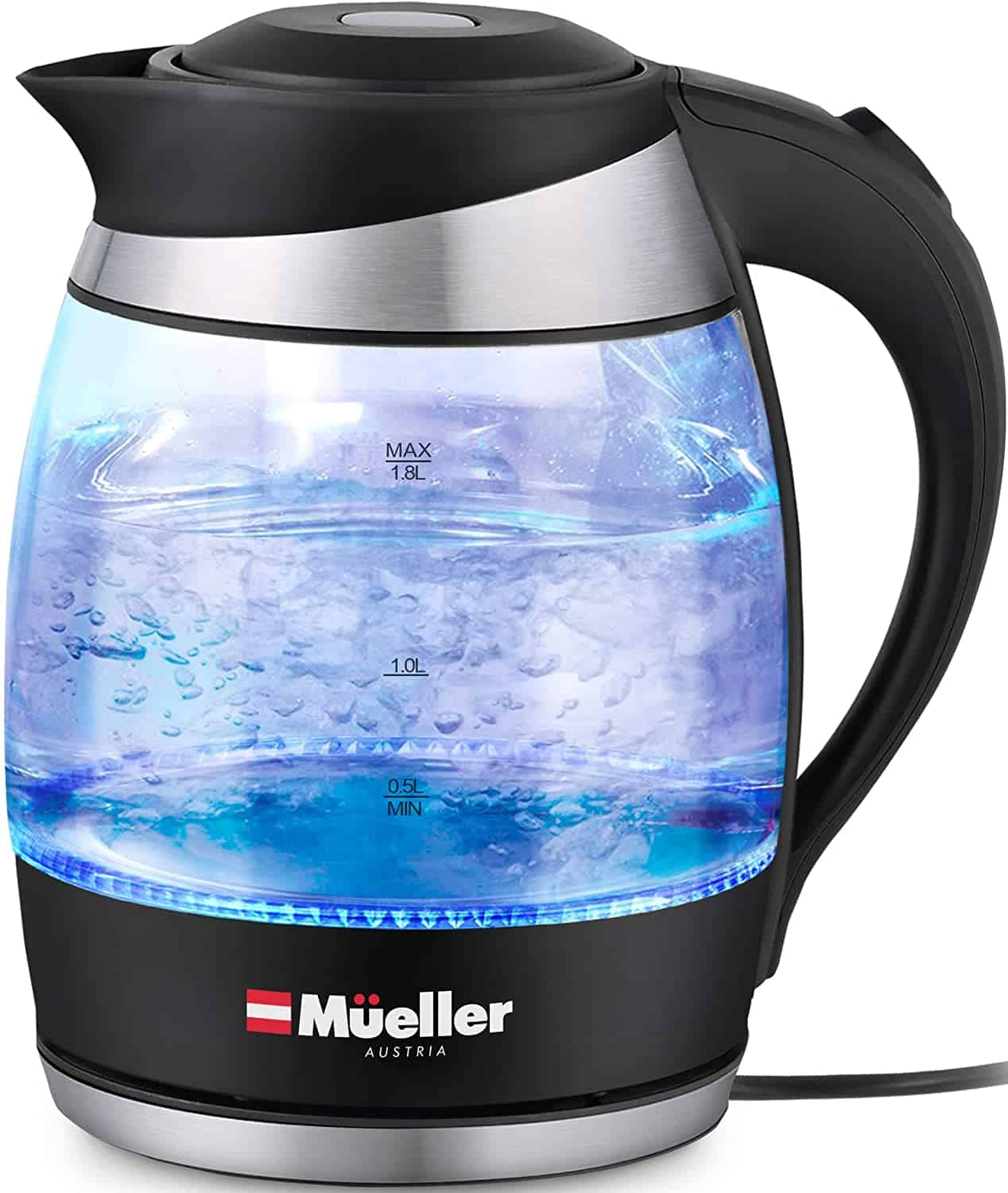 A Mueller glass electric kettle with a blue light and a black handle.