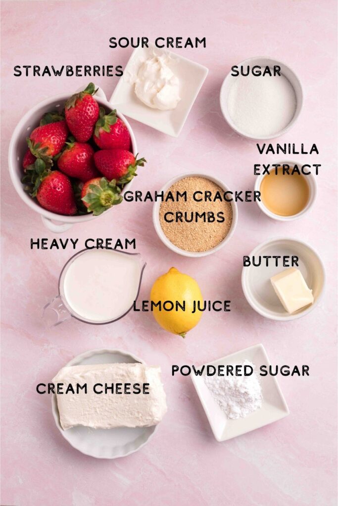 Ingredients on a table for Strawberry Cheesecakes.