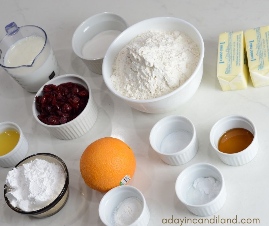 Ingredients for Cranberry Orange Scones. 