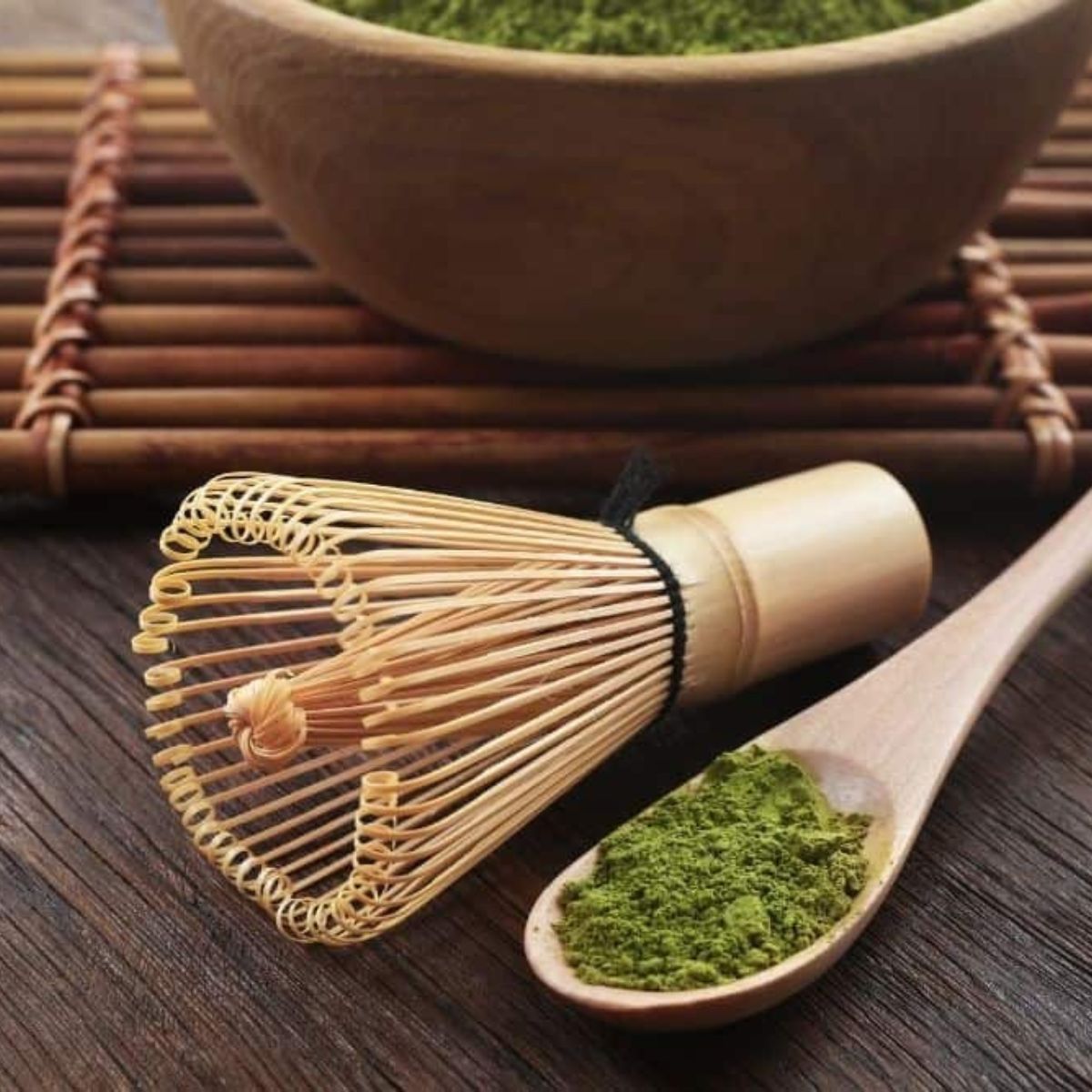 Best Matcha Whisk and scoop of Matcha on table. 