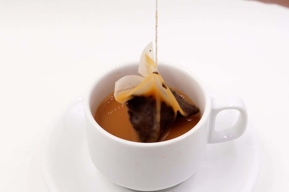 A tea bag being lifted out of a white cup of tea.