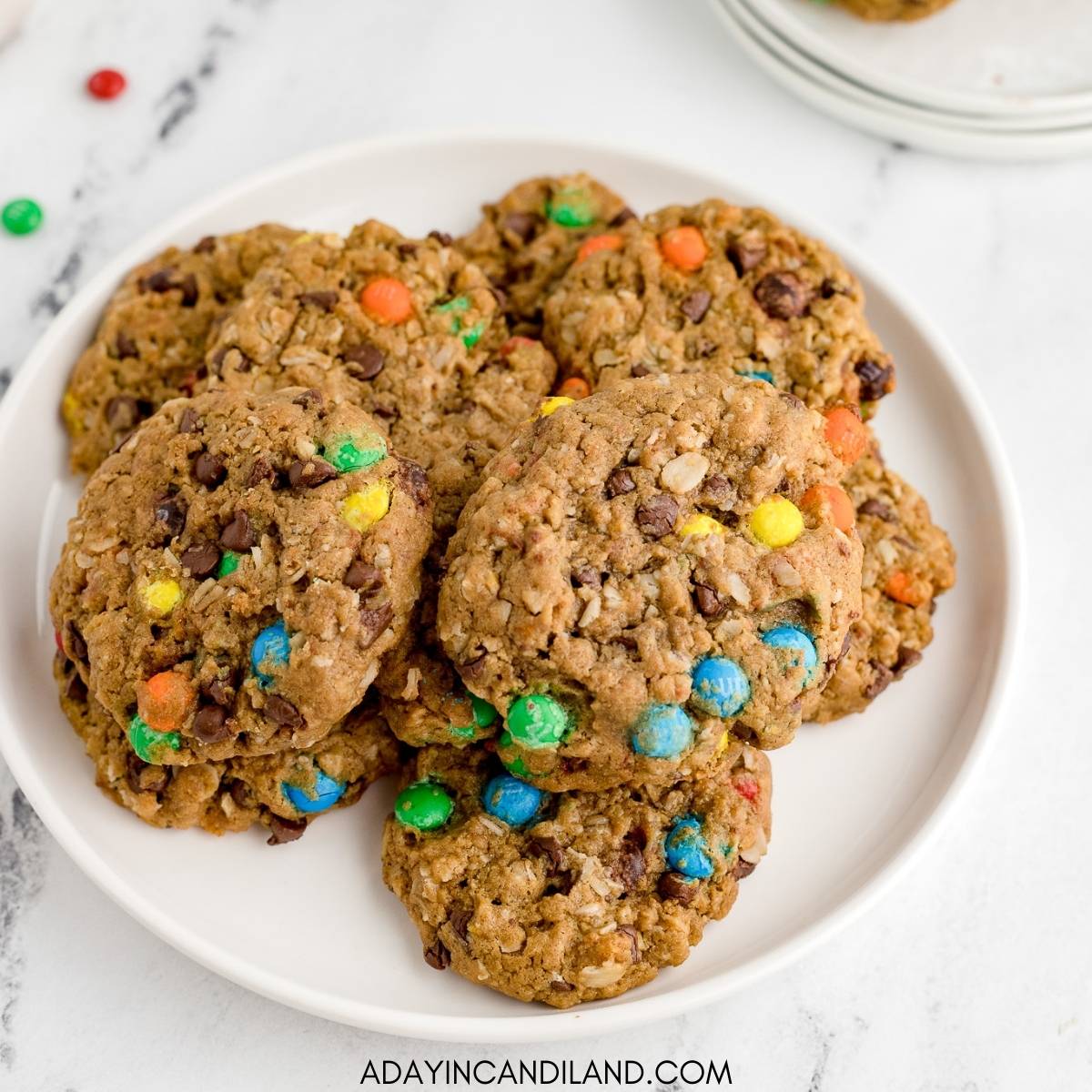 Monster Cookie with oatmeal, almond butter and m & ms on a white plate