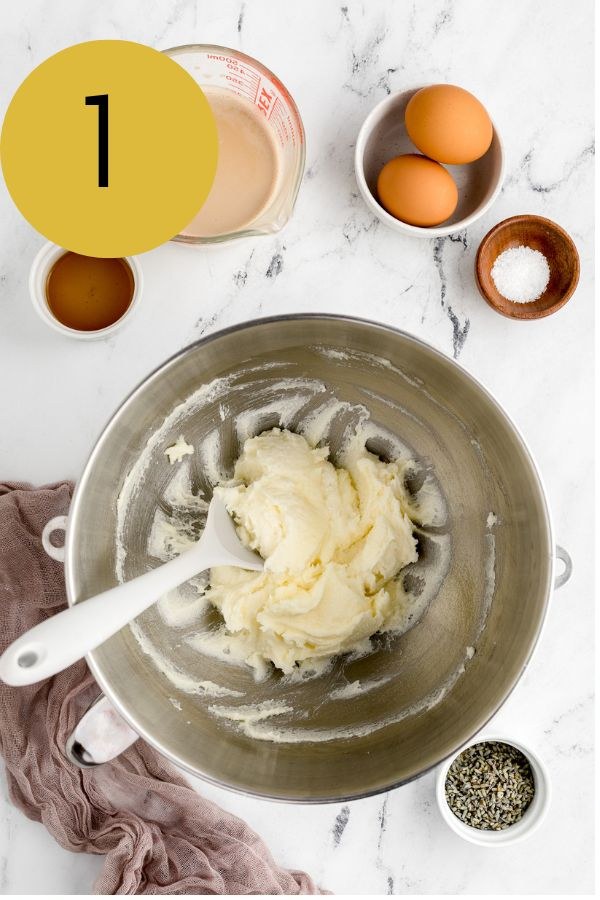 Butter and sugar creamed until fluffy in the stand mixer bowl, with eggs, vanilla and infused milk alongside.