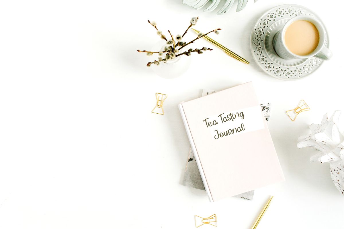 Tea Tasting Journal Book on top of a desk with a cup of tea. 