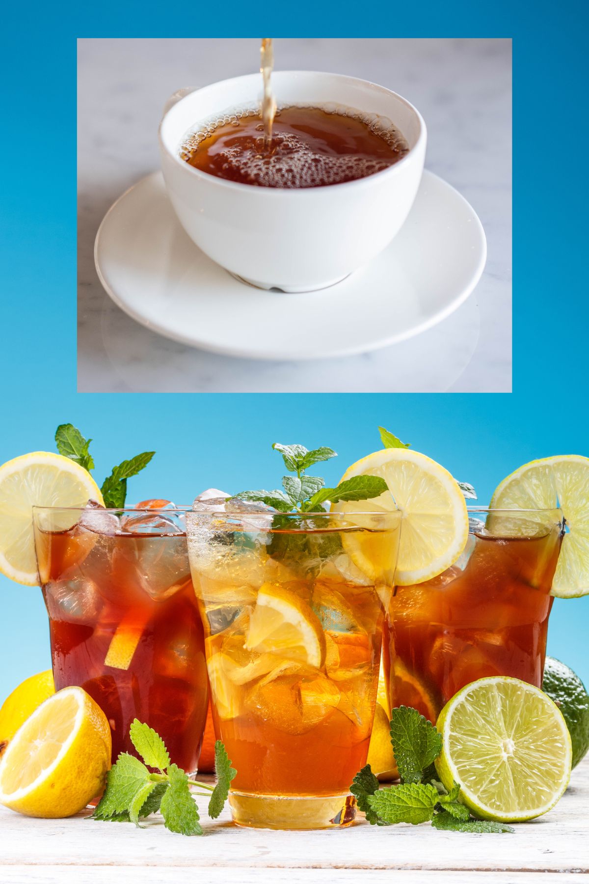 Glasses of Iced Tea and citrus fruit with a cup of hot tea also. 