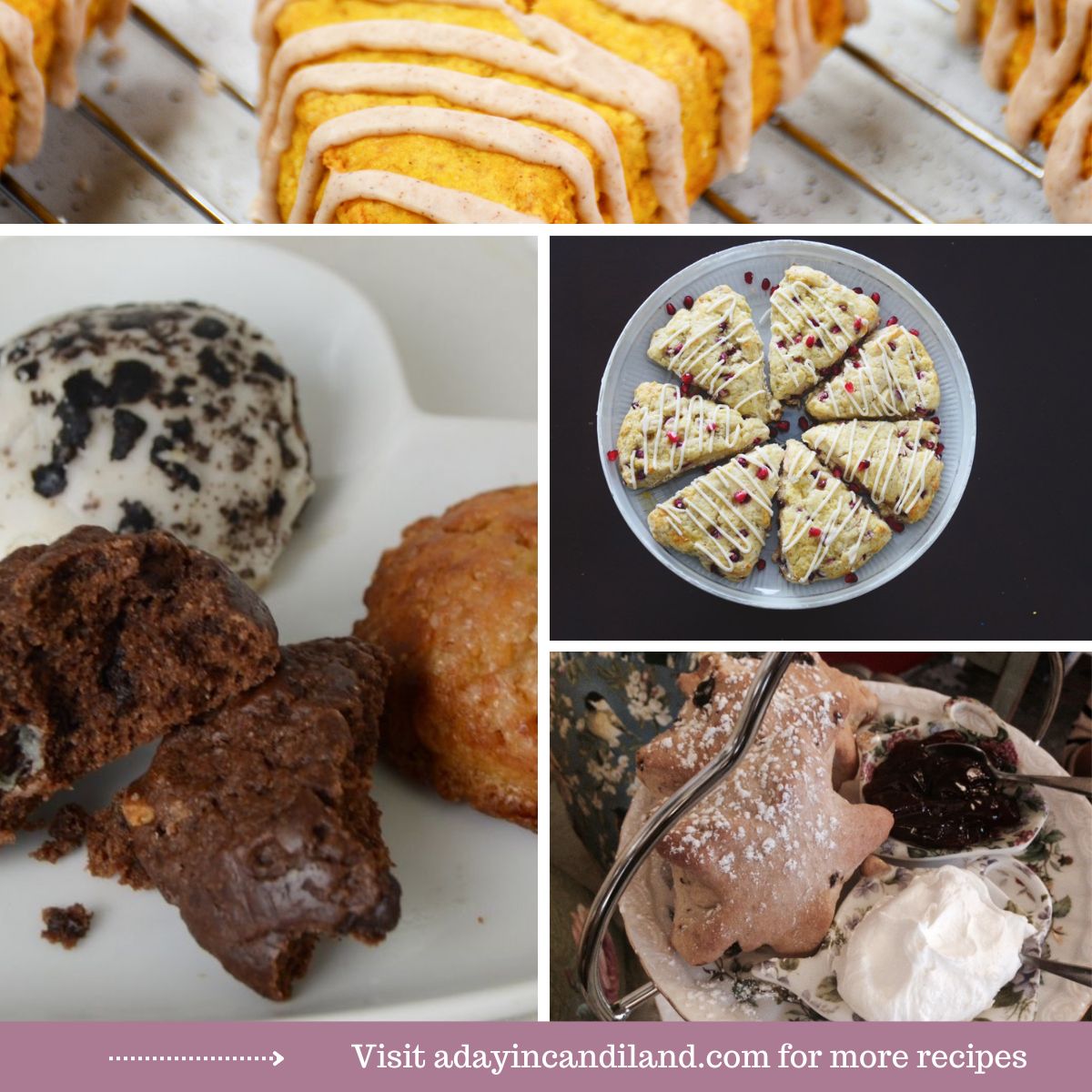 4 Images of scones on a plate. 