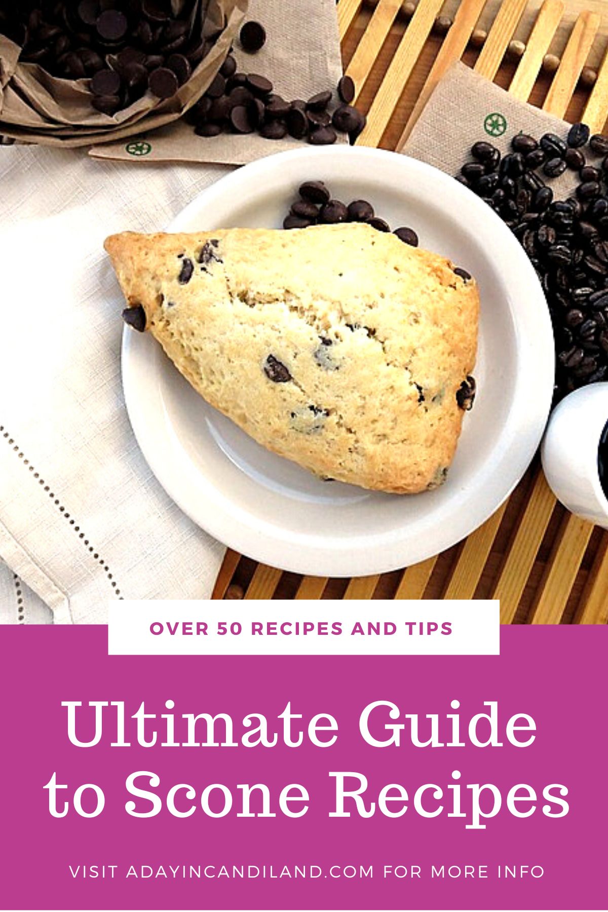 Chocolate Chip Scone on a white plate with some scattered coffee beans. 