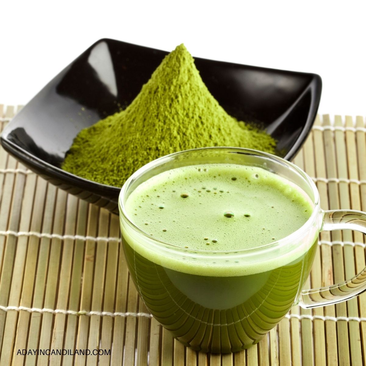 A Cup of Matcha Tea on a Bamboo placemat. 