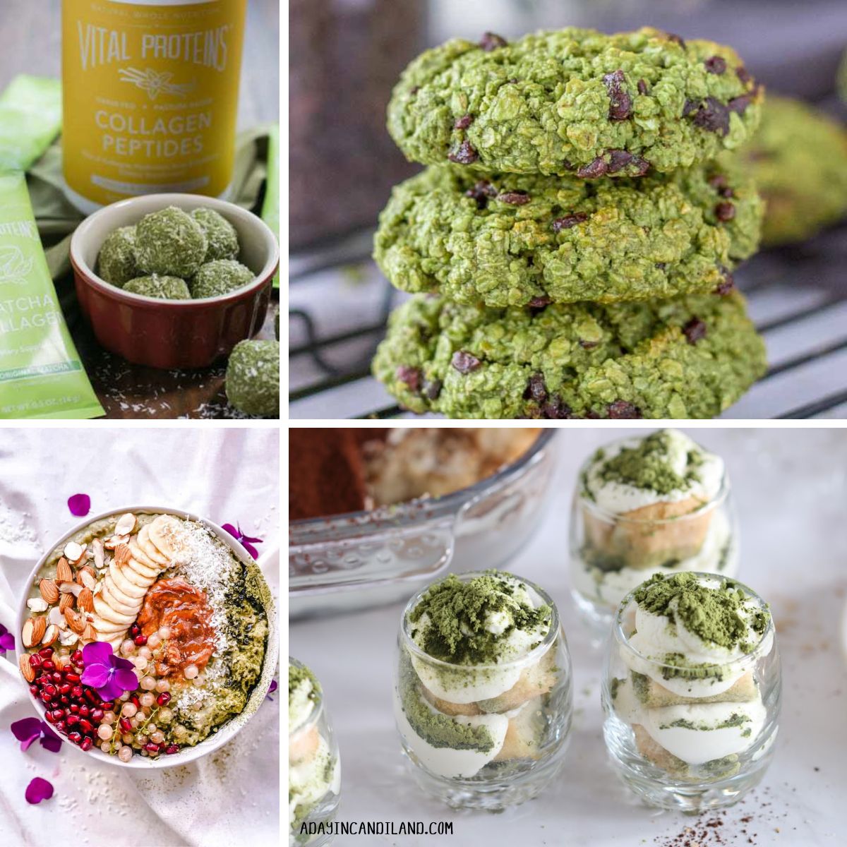 4 different images of Matcha Desserts. 