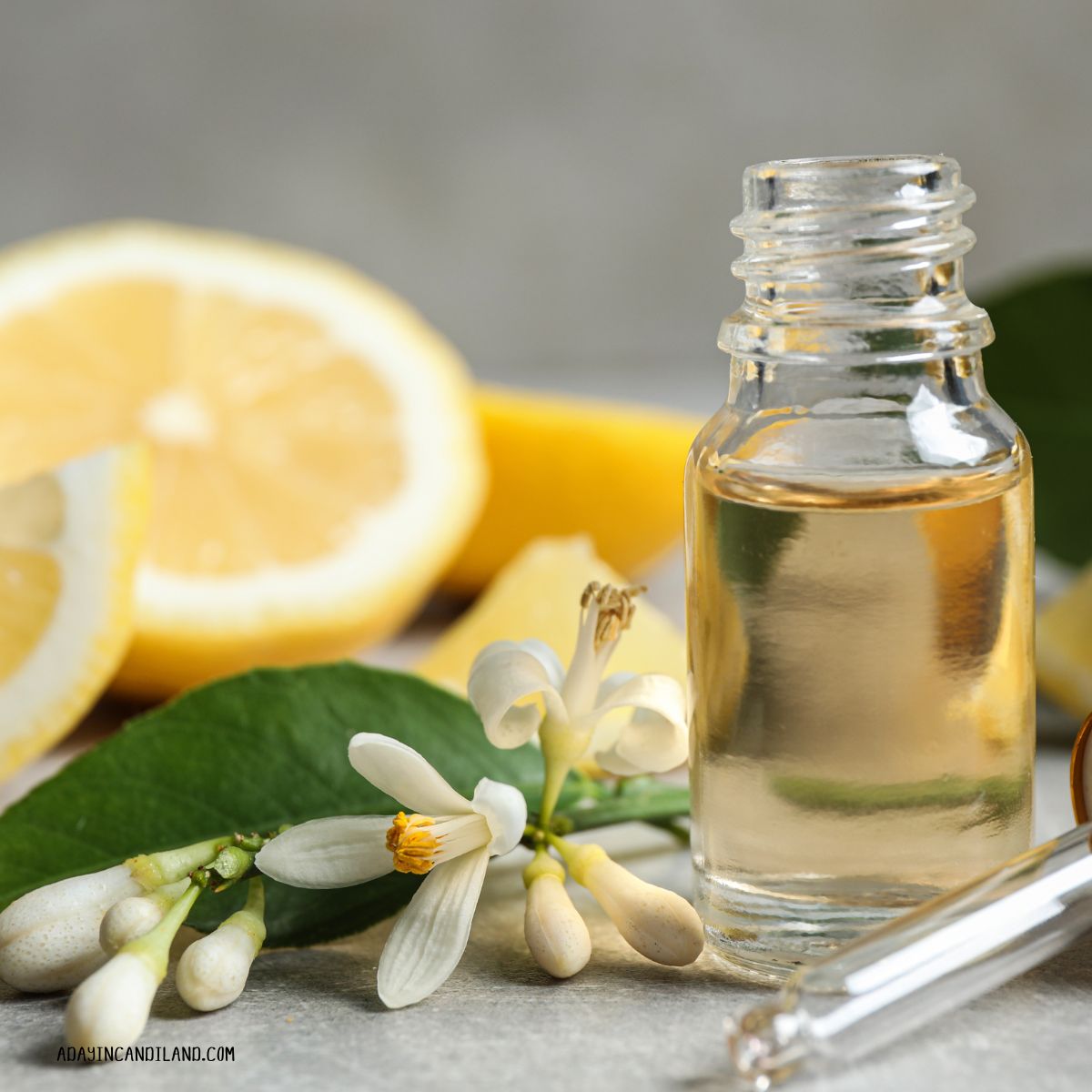 Lemon Extract bottle with lemons around. 