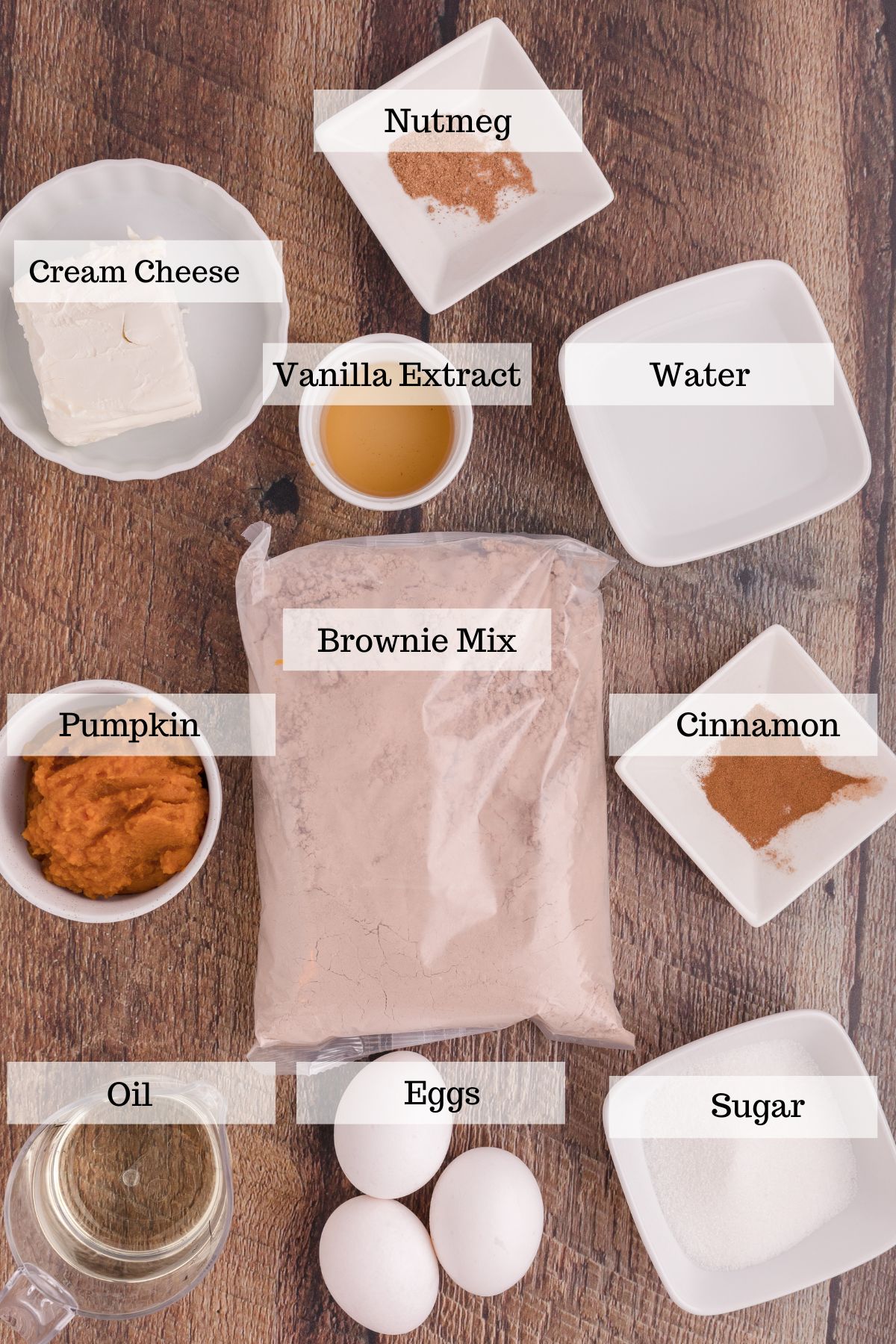 Ingredients for Pumpkin Cheesecake Brownies. 