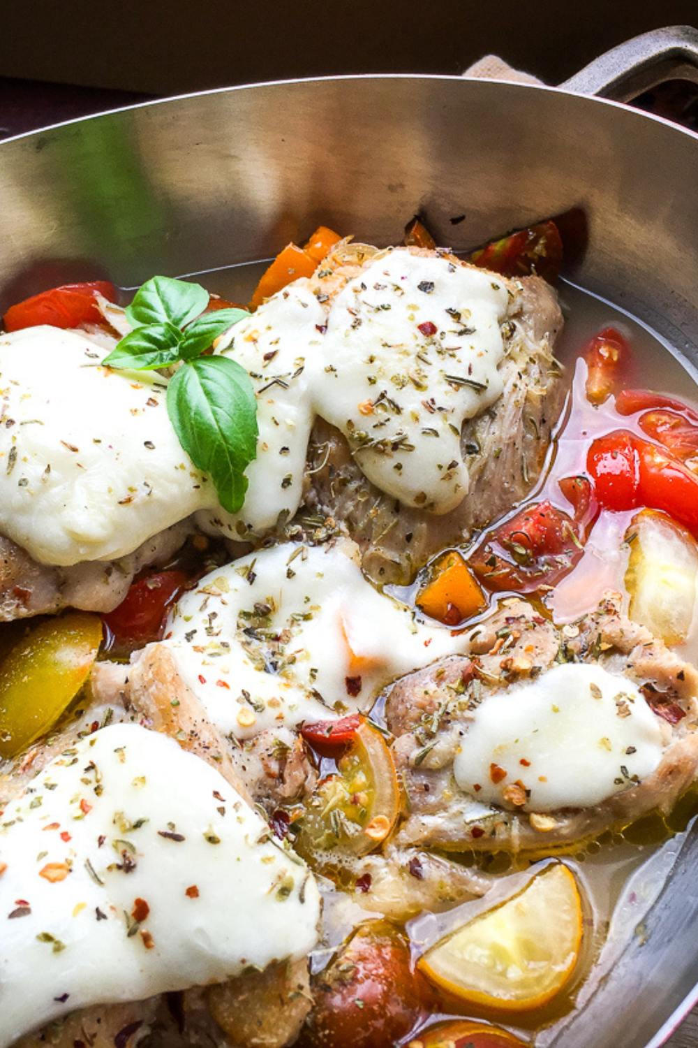 Chicken Mozzarella Recipe in a skillet. 