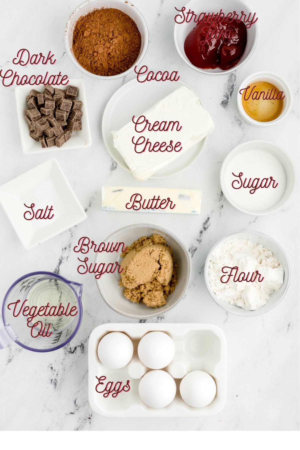 Ingredients for Strawberry Cream Cheese Brownies. 