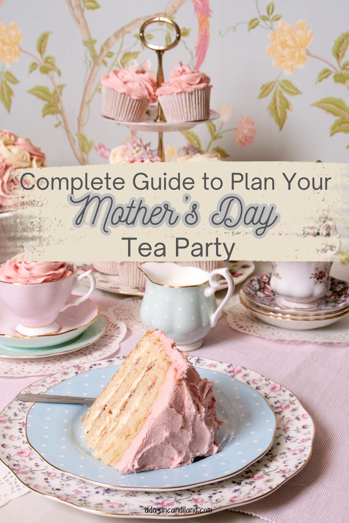 Dessert Table for Mother's Day Tea Party. Filled with cake, tea, cupcakes and creamer bowl.