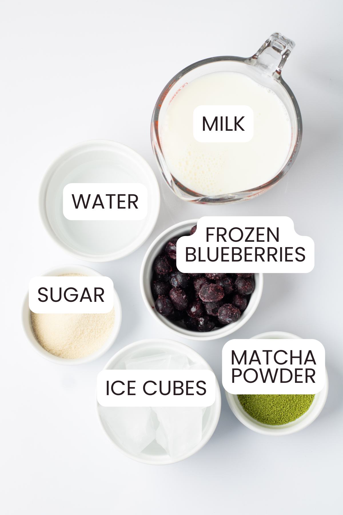 Ingredients for Blueberry Matcha Latte recipe. 